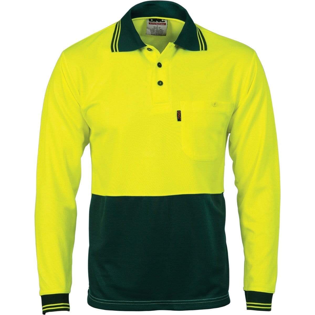 Dnc Workwear Hi-vis Two Tone Cool Breathe Long Sleeve Polo Shirt - 3813 Work Wear DNC Workwear Yellow/Bottle Green XS 